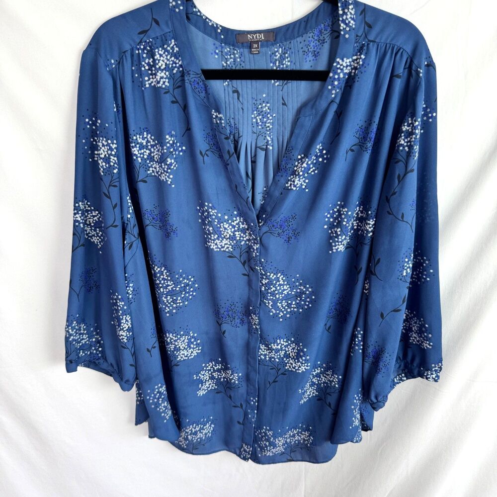 NYDJ Women's Blouse Top Size 2X Blue Floral Print 3/4 Sleeves